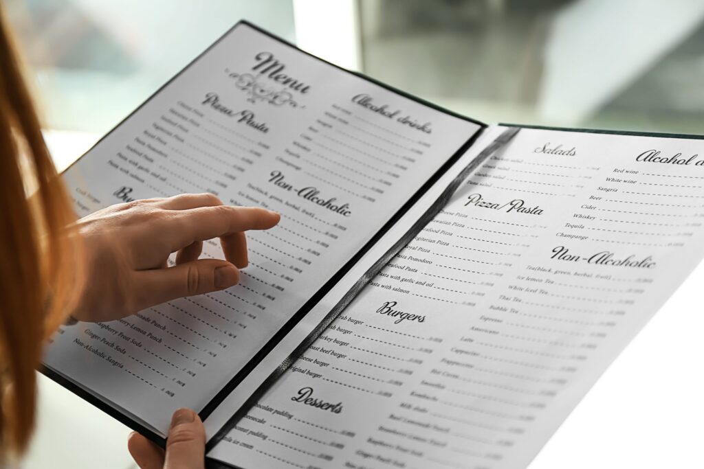 A sleek, minimalist restaurant menu layout featuring dishes that reflect trends.