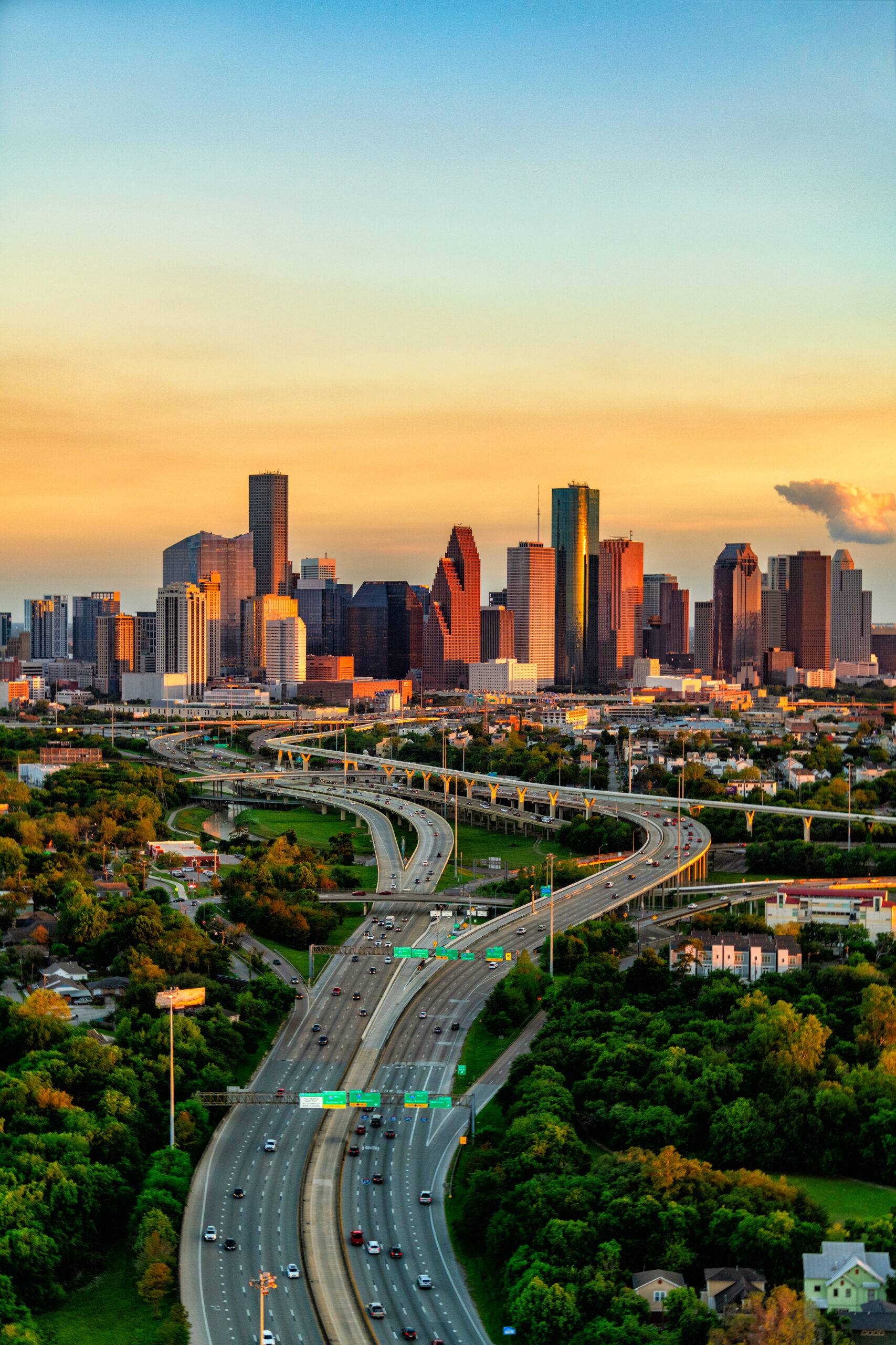The downtown area of Houston, Texas on an early spring evening shot from an altitude of about 600 feet during a helicopter photo flight.